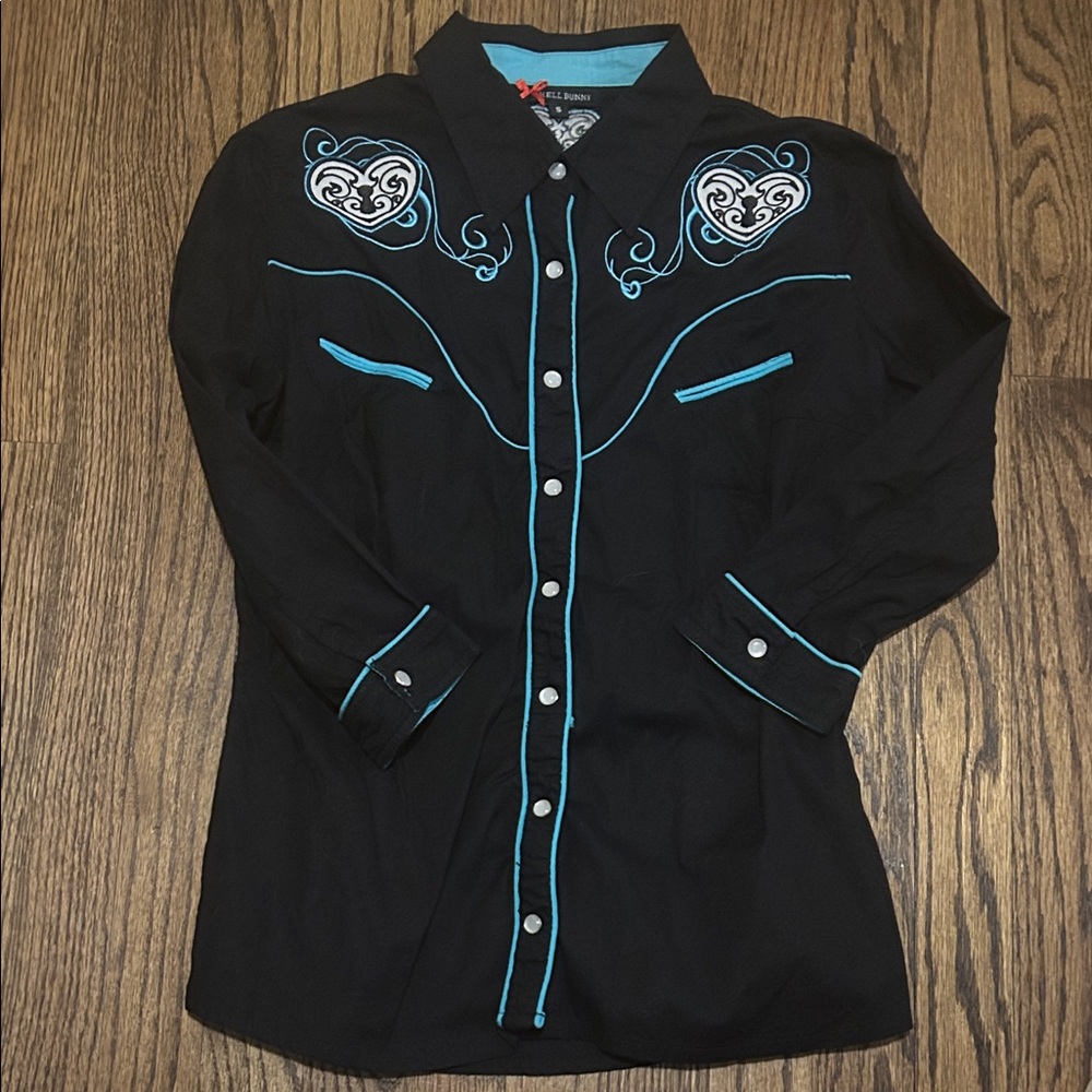 Hell Bunny Black Western Shirt with Turquoise Piping and Heart Embroidery